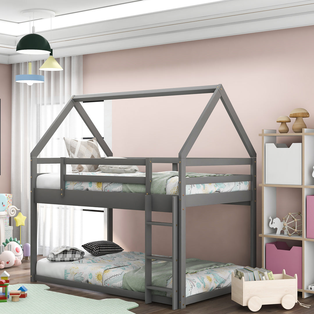 Twin over Twin Low Bunk Gray Bed House Bed with Ladder