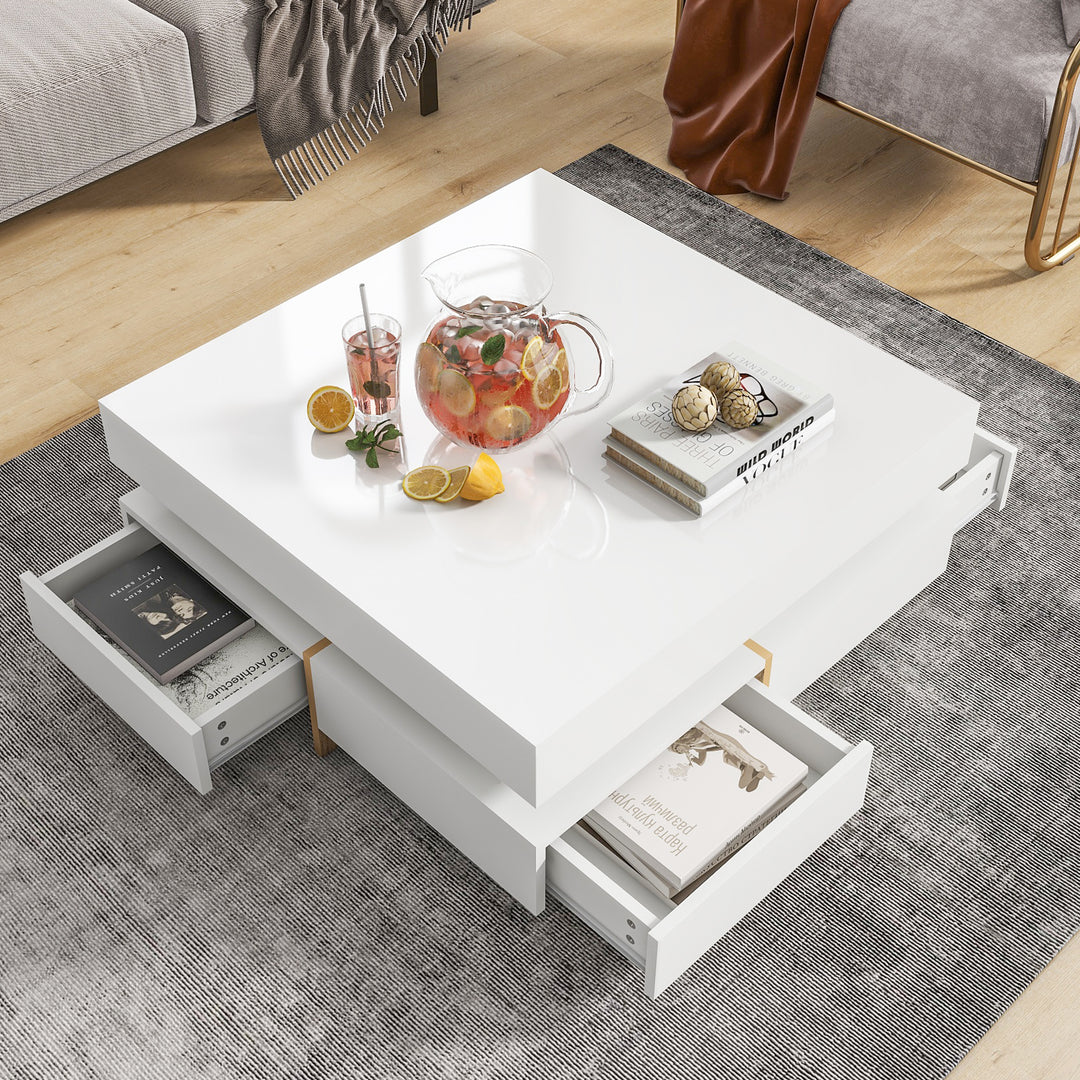 Modern High Gloss White Coffee Table with 4 Drawers