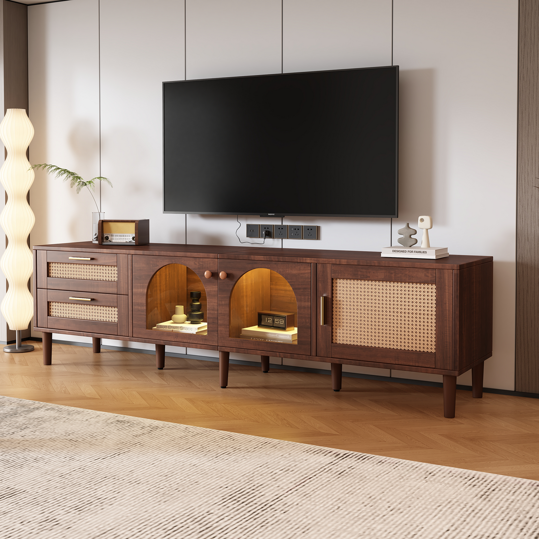 Rattan TV Stand Media Console Table with 3 Cabinets & 2 Drawers for TVs up to 80''