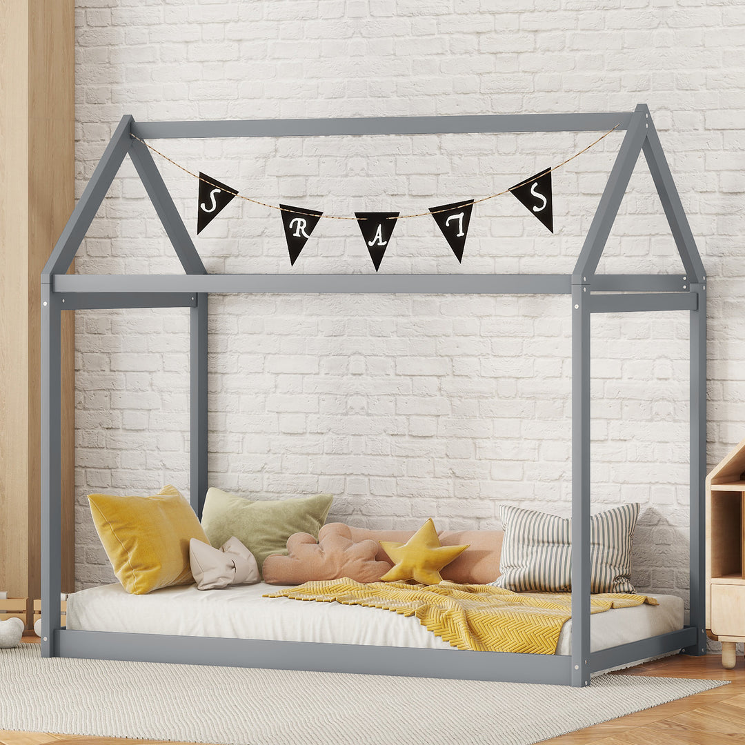 Gray Twin Size Wooden House Bed