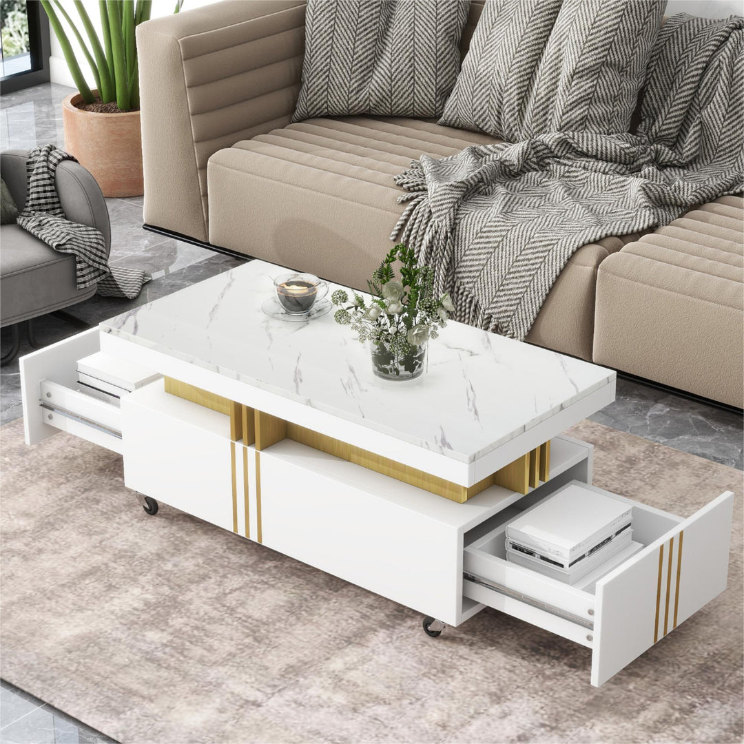 Contemporary Rectangle White Coffee Table with Caster Wheels