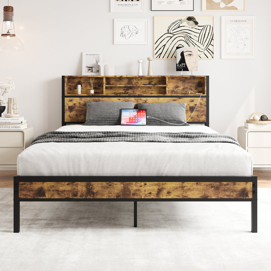 Queen Metal Platform  Bed Frame with Storage Headboard Charging Station