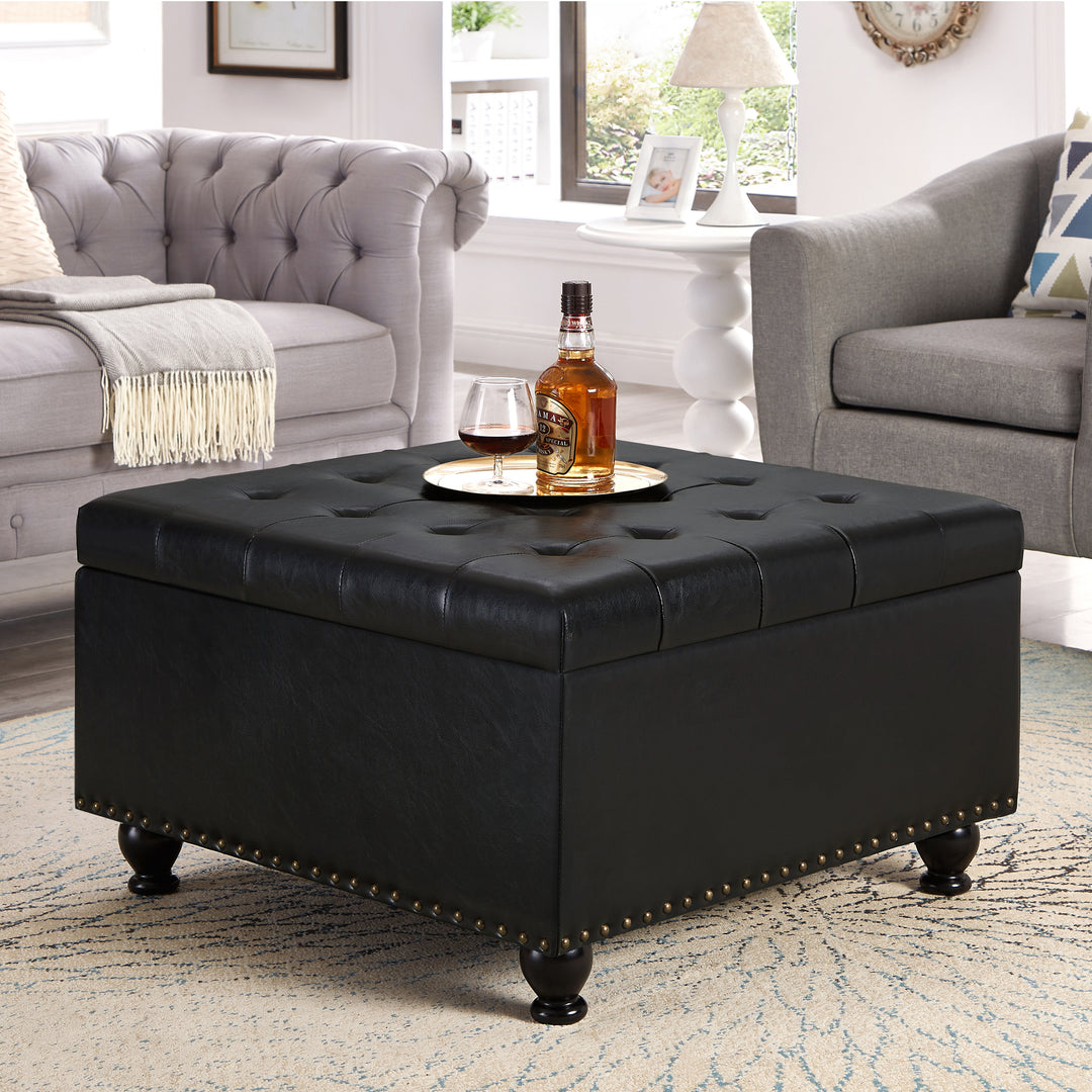 Large Square Upholstered Button Tufted Black Coffee Table