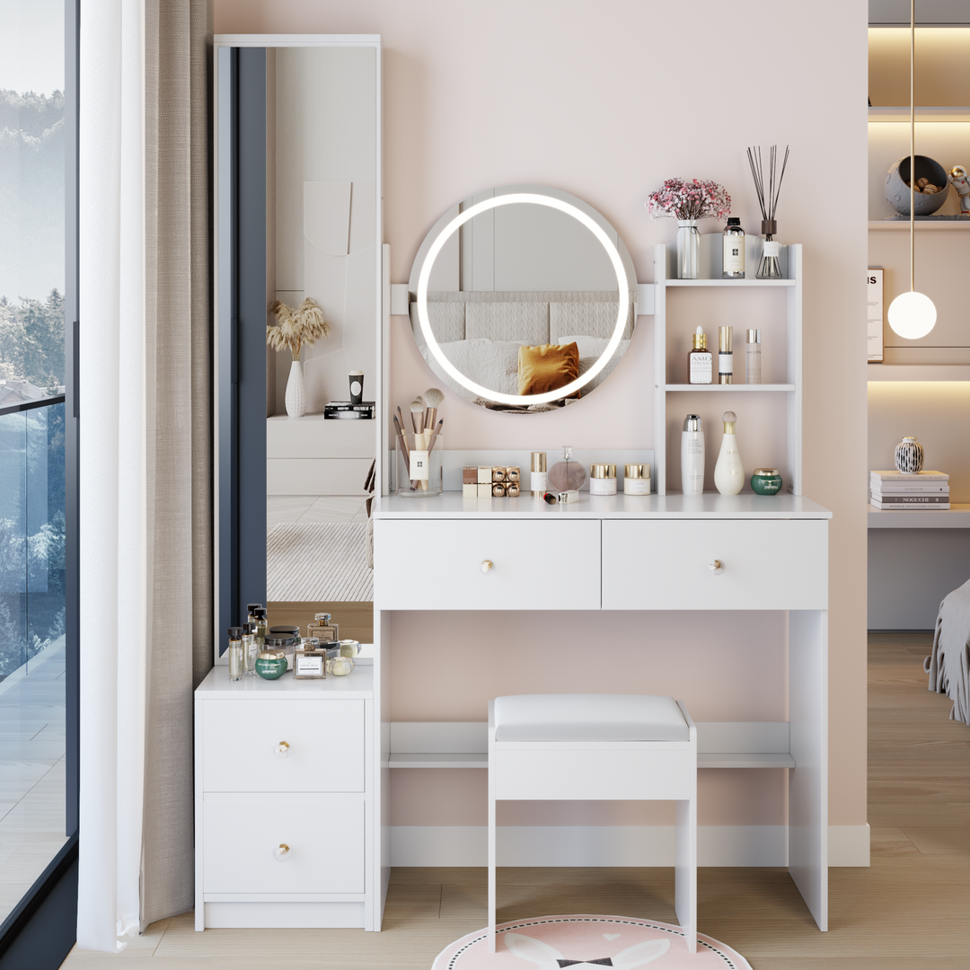 Full Body Mirror Cabinet Round Mirror LED Vanity Table + Cushioned Stool