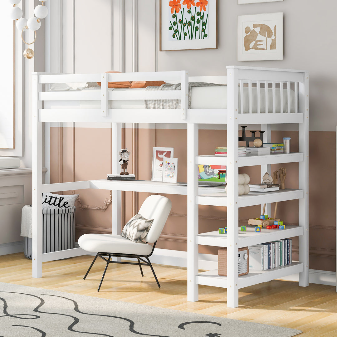 Twin Size Loft White Bed with Storage Shelves & Under-bed Desk