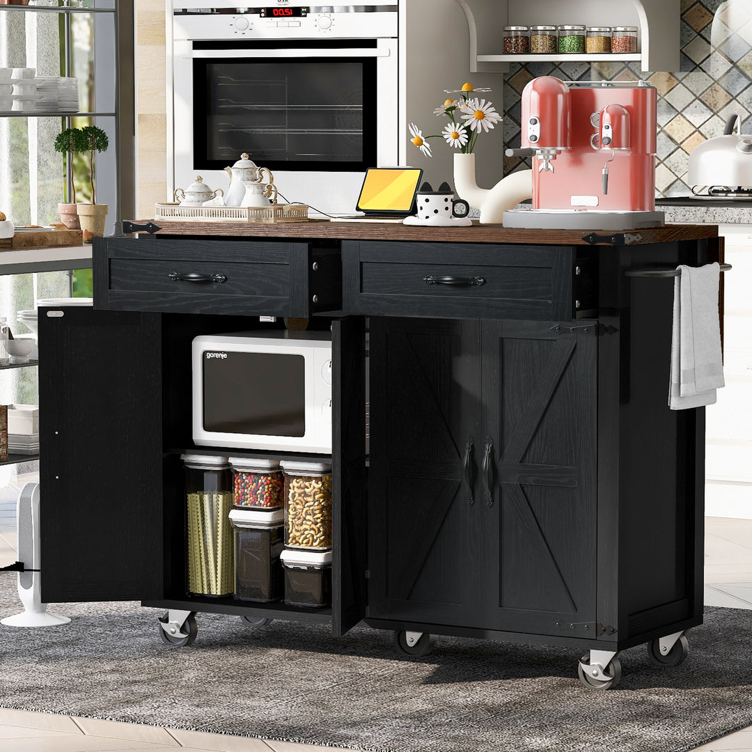 53.5''Farmhouse Kitchen Island Cart on Wheels with Drop Leaf Power Outlet