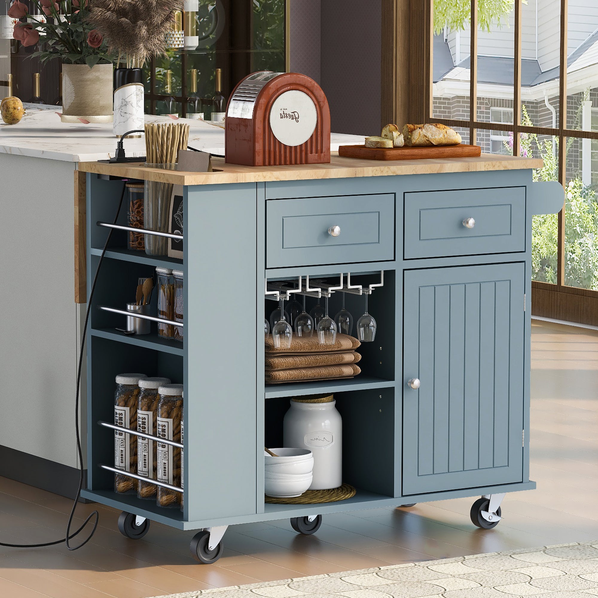 Grey Blue Rubber Wood Kitchen Island with Drop Leaf Power Outlet Adjustable Storage
