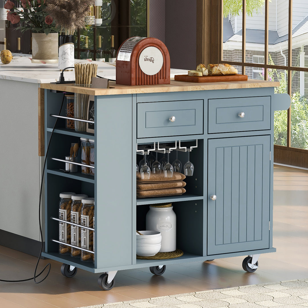 Grey Blue Rubber Wood Kitchen Island with Drop Leaf Power Outlet Adjustable Storage