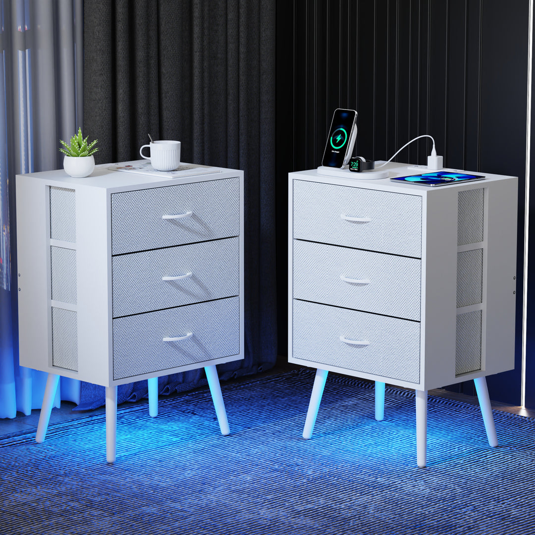 2 Pack Modern Nightstand with LED Ligh Charging Station