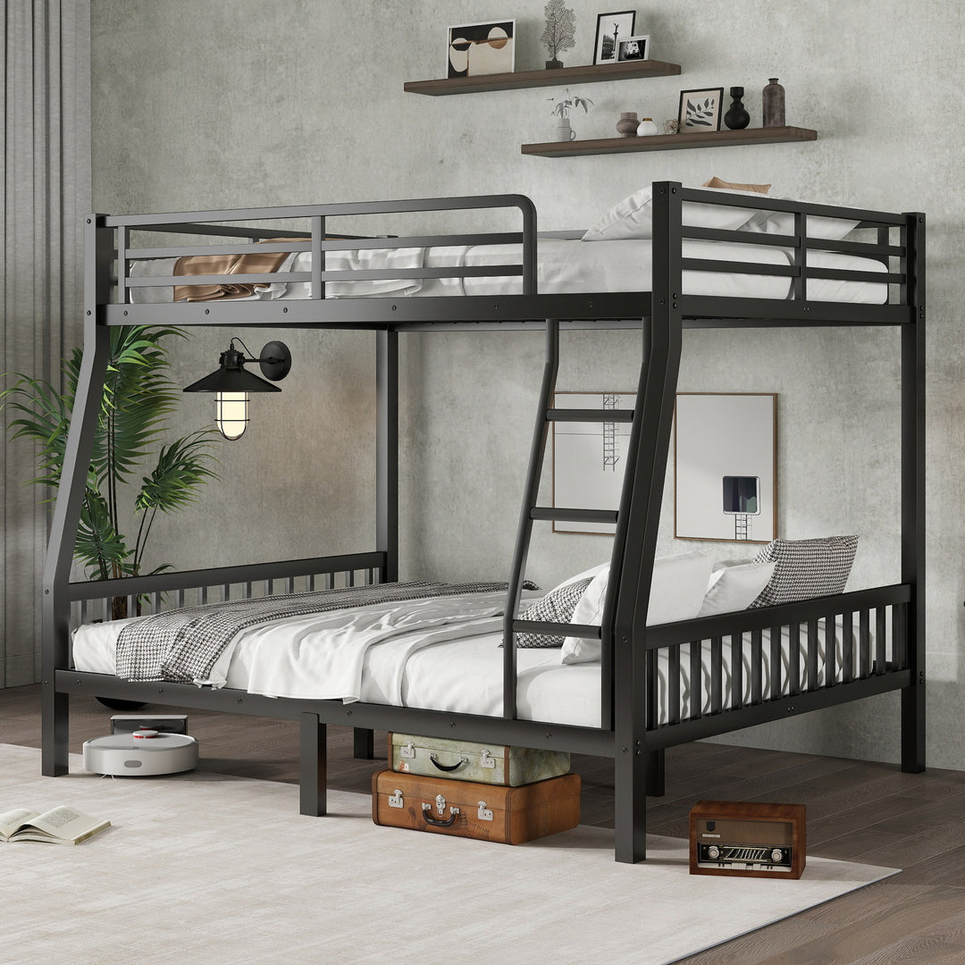 Over Queen Metal Bunk Black Bed with Ladder & Slats