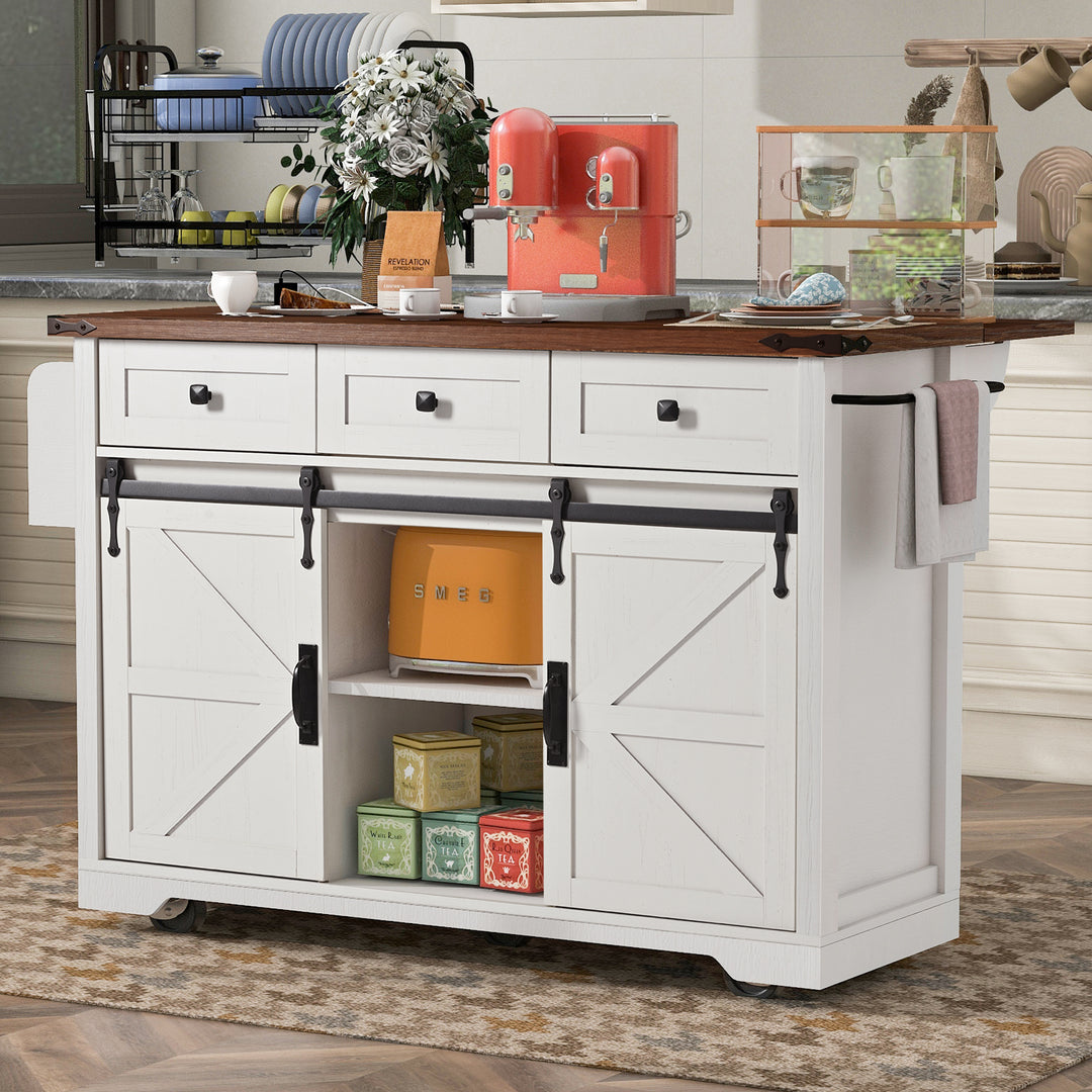 53.7' Farmhouse White Kitchen Island with Power Outlet 2 Sliding Barn Door