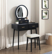 Black Finish Vanity Dresser with Mirror & Stool Set