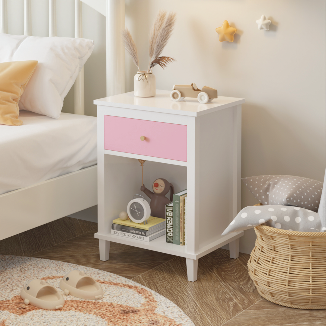 Wooden Pink+Golden Handle Nightstand with One Drawer One Shelf for Kids Adults