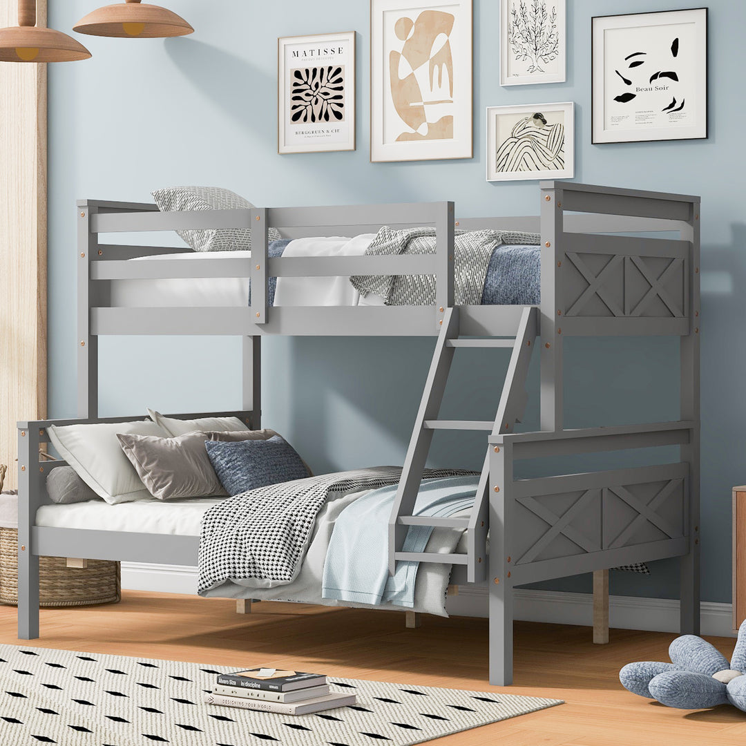 Gray Twin over Full Bunk Bed with ladder Safety Guardrail