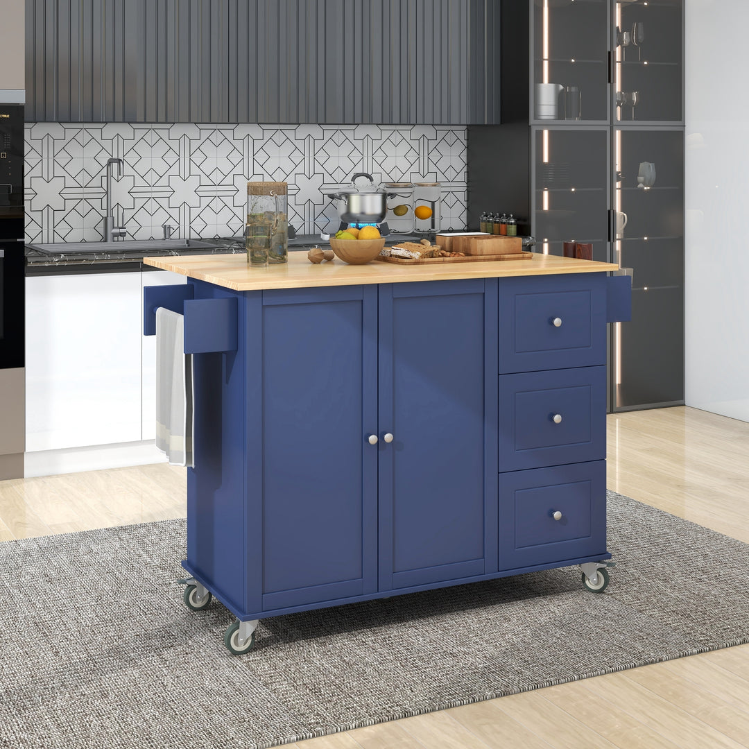 Rolling Mobile Dark Blue Kitchen Island with Drop Leaf Locking Wheels