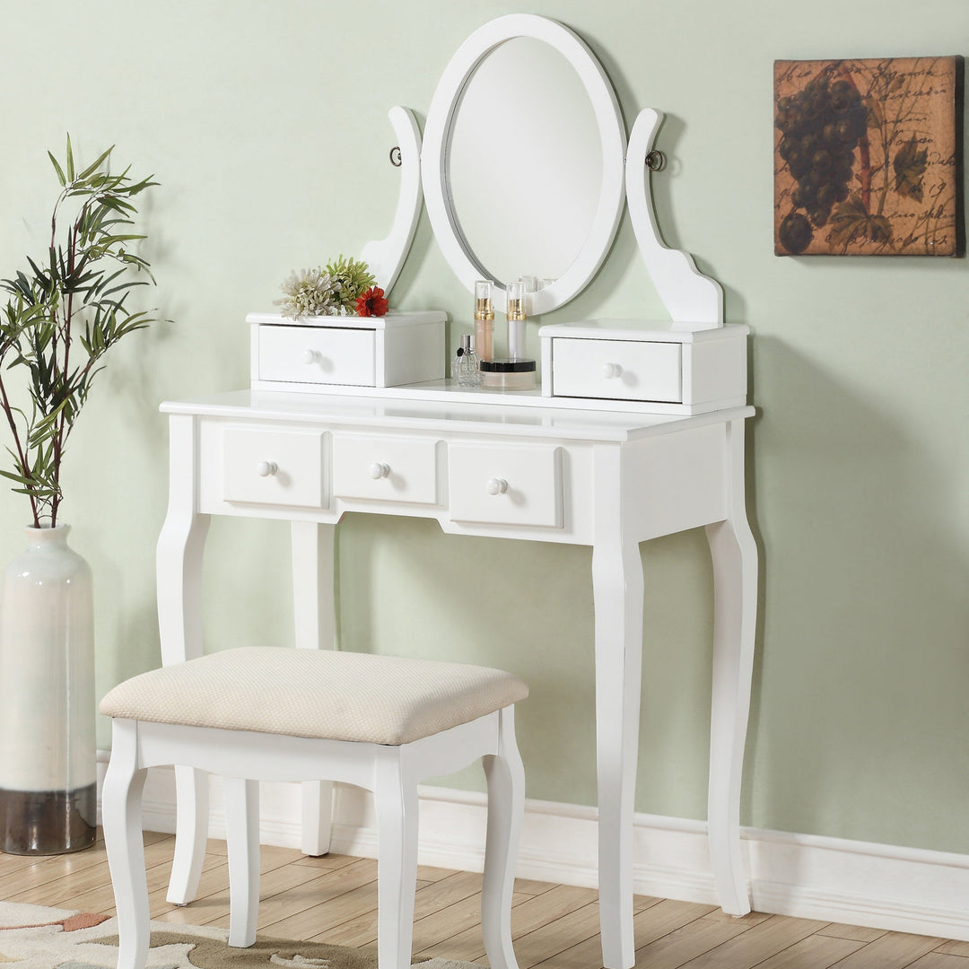 White Vanity Make Up Table Stool Set With Vanity Mirror Bench