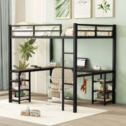 Black Full Metal Ladder Guardrails Loft Bed with Desk & Shelves