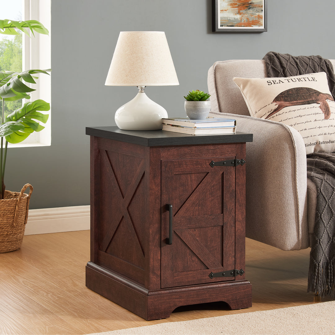 Nightstand Rectangular Farmhouse End Table with Barn Door and Adjustable Storage Shelf