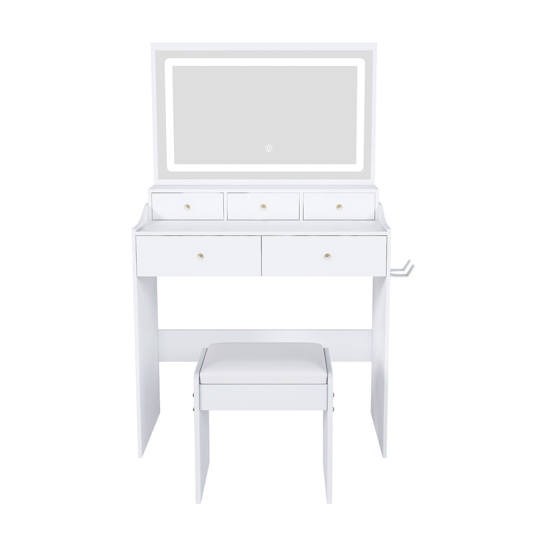 Modern White Vanity Desk with Large Mirror Power Outlet