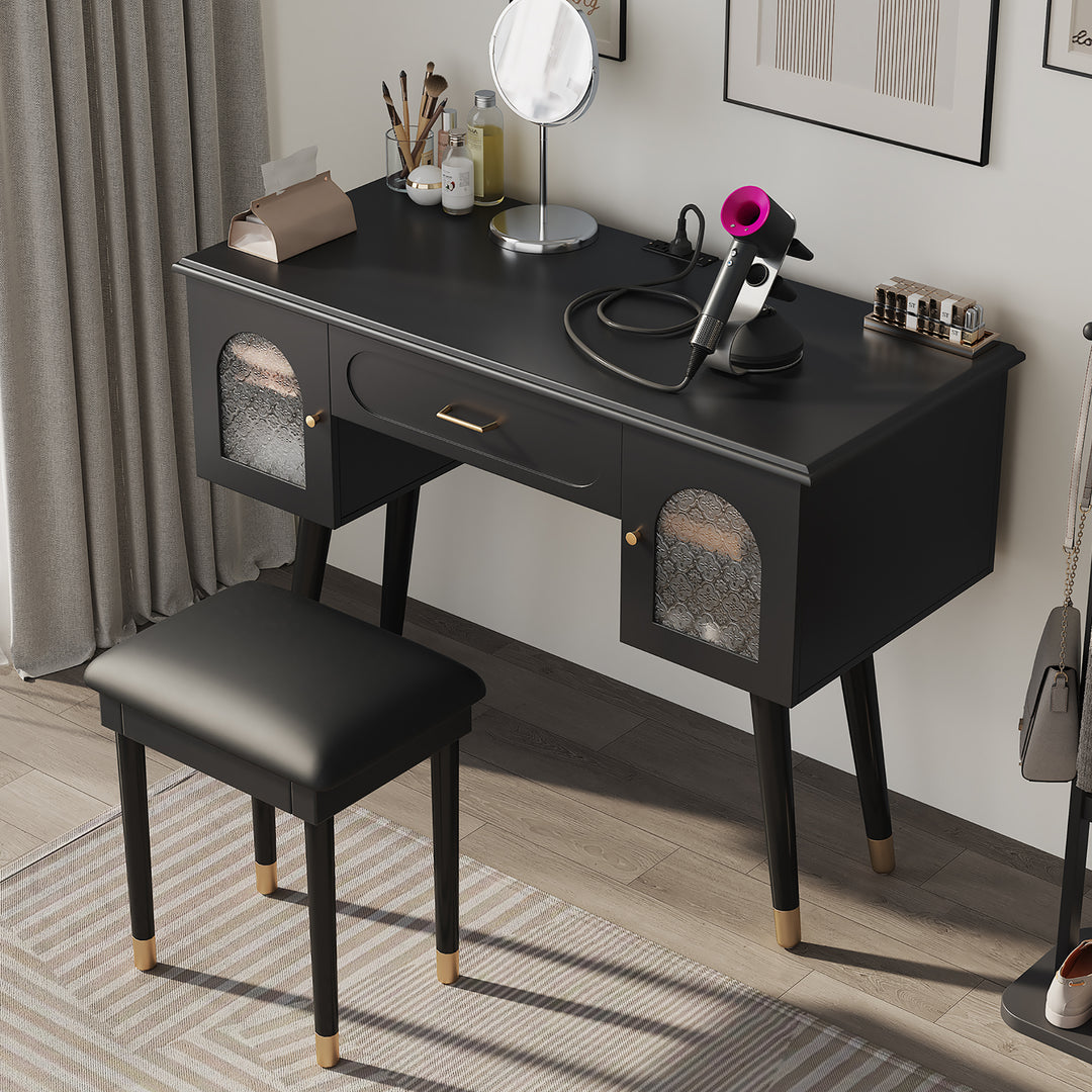 Elegant Black Vanity Makeup Table & Chair Set with Organizer Charging Port