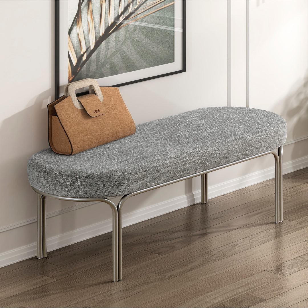 Stylish Bench Gray Chenille Upholstery Sleek Champagne Finish Metal Legs