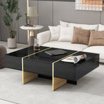 Load image into Gallery viewer, Minimalist High Gloss Black Coffee Table with Golden Wood Grain Legs
