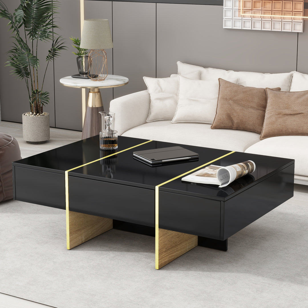 Minimalist High Gloss Black Coffee Table with Golden Wood Grain Legs