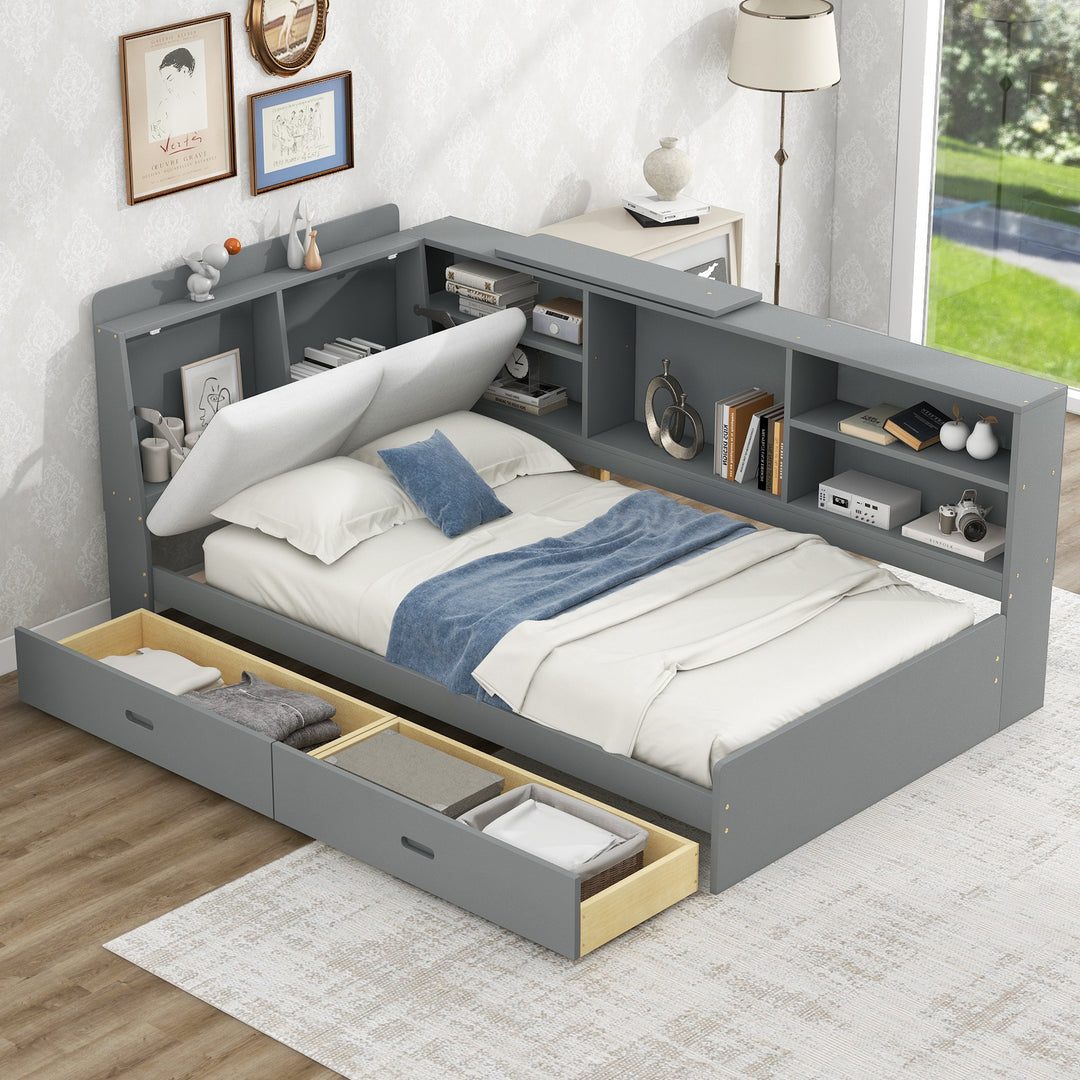 Wood Twin Size Platform Bed With Storage Headboard 2 Drawers And Shelves