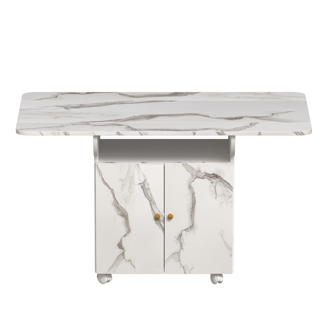 Versatile 47' White Marble MDF Folding Dining Table with Storage Rack & 6 Wheels