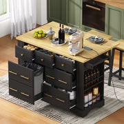 Black Kitchen Island on 5 Wheels with Drop Leaf 6 Drawers & Power Outlet