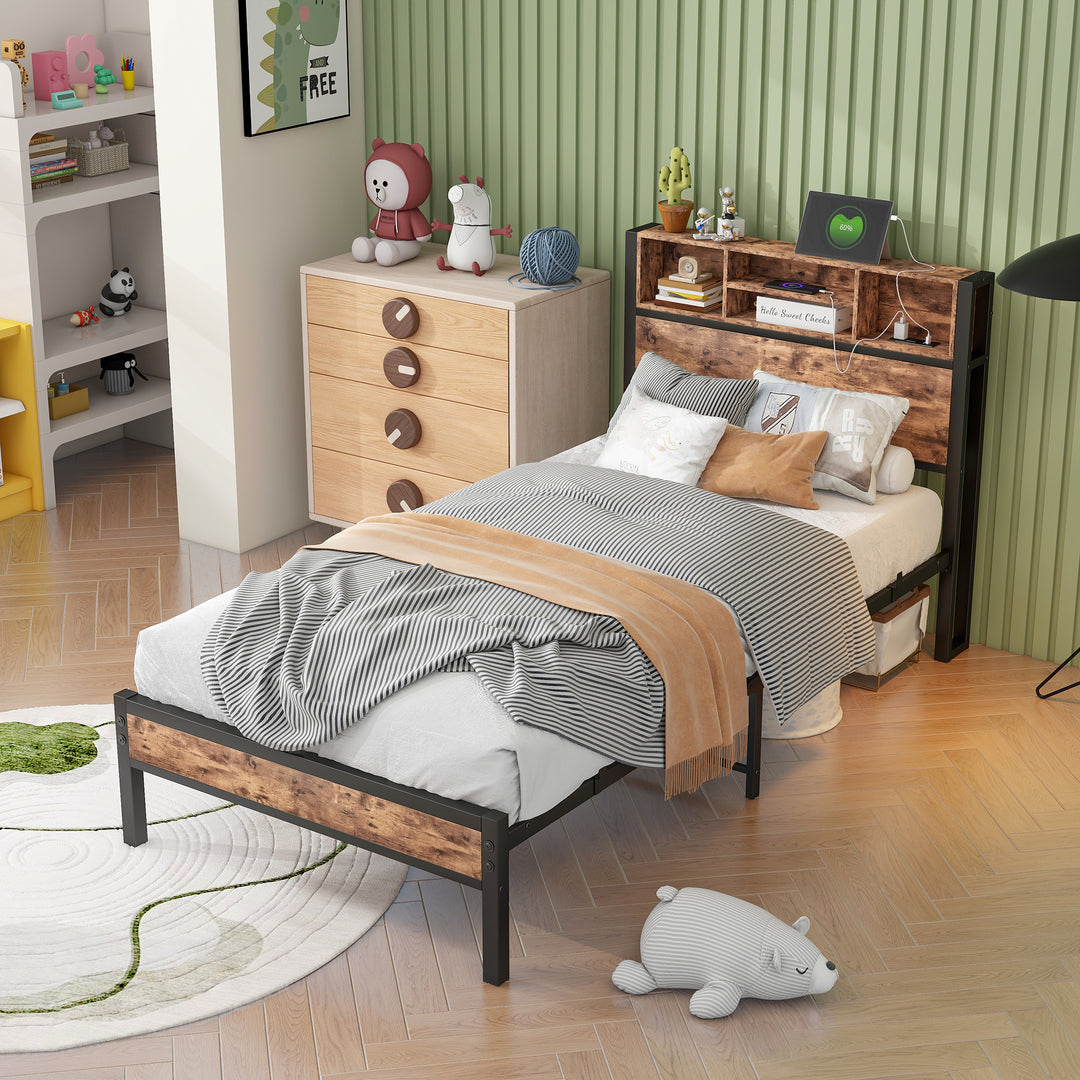 Twin Size Metal Platform Bed Frame with Storage Headboard