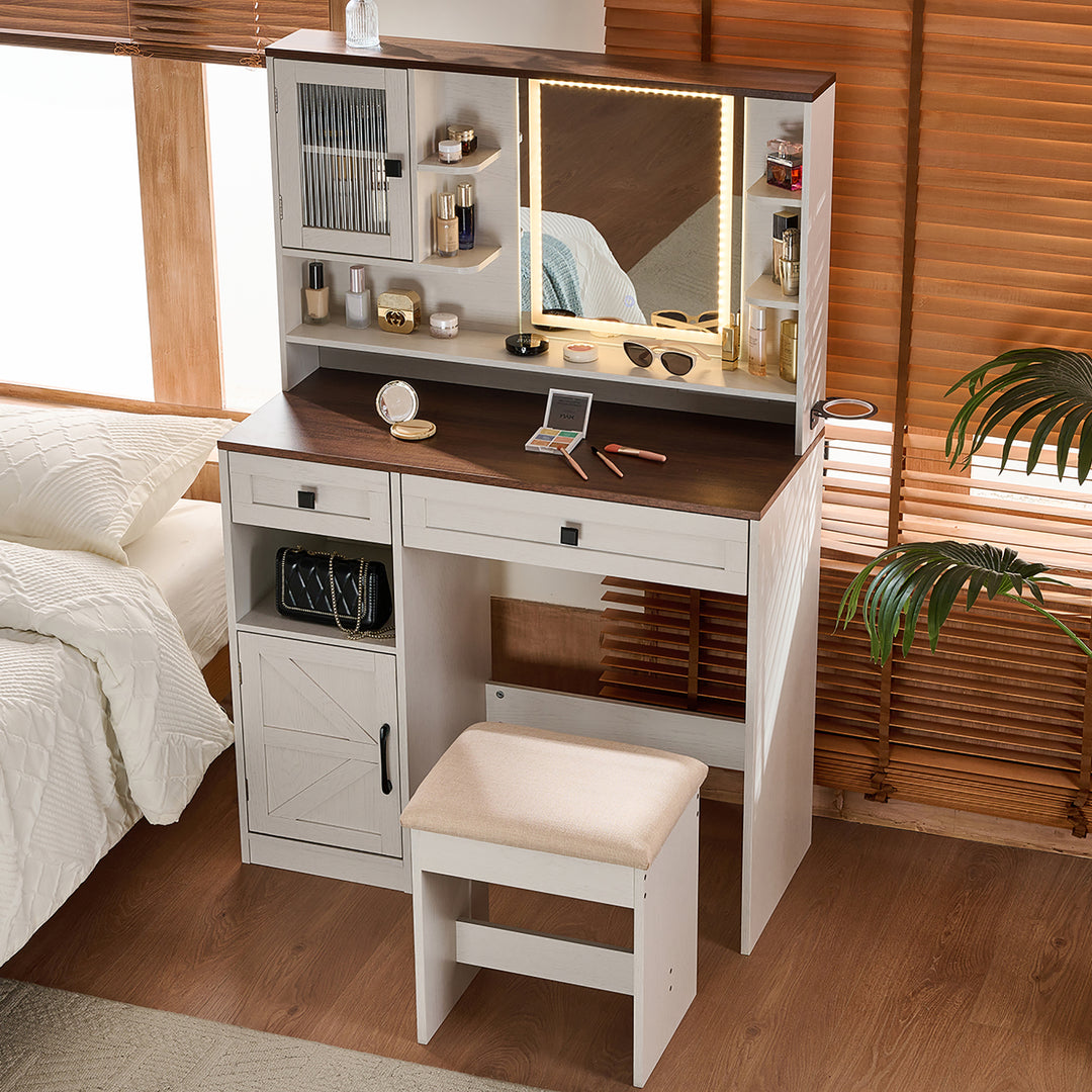 Farmhouse White Makeup Vanity Desk with Mirror & Lights
