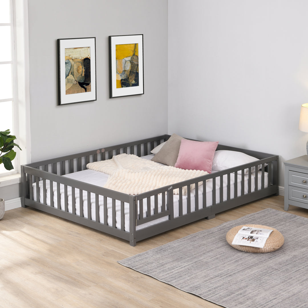 Solid Wood Platform Gray Kids Bed Frame with Fence