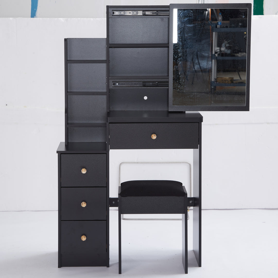 29.2' Small Space Left Bedside Cabinet Black Vanity Table With Cushioned Stool