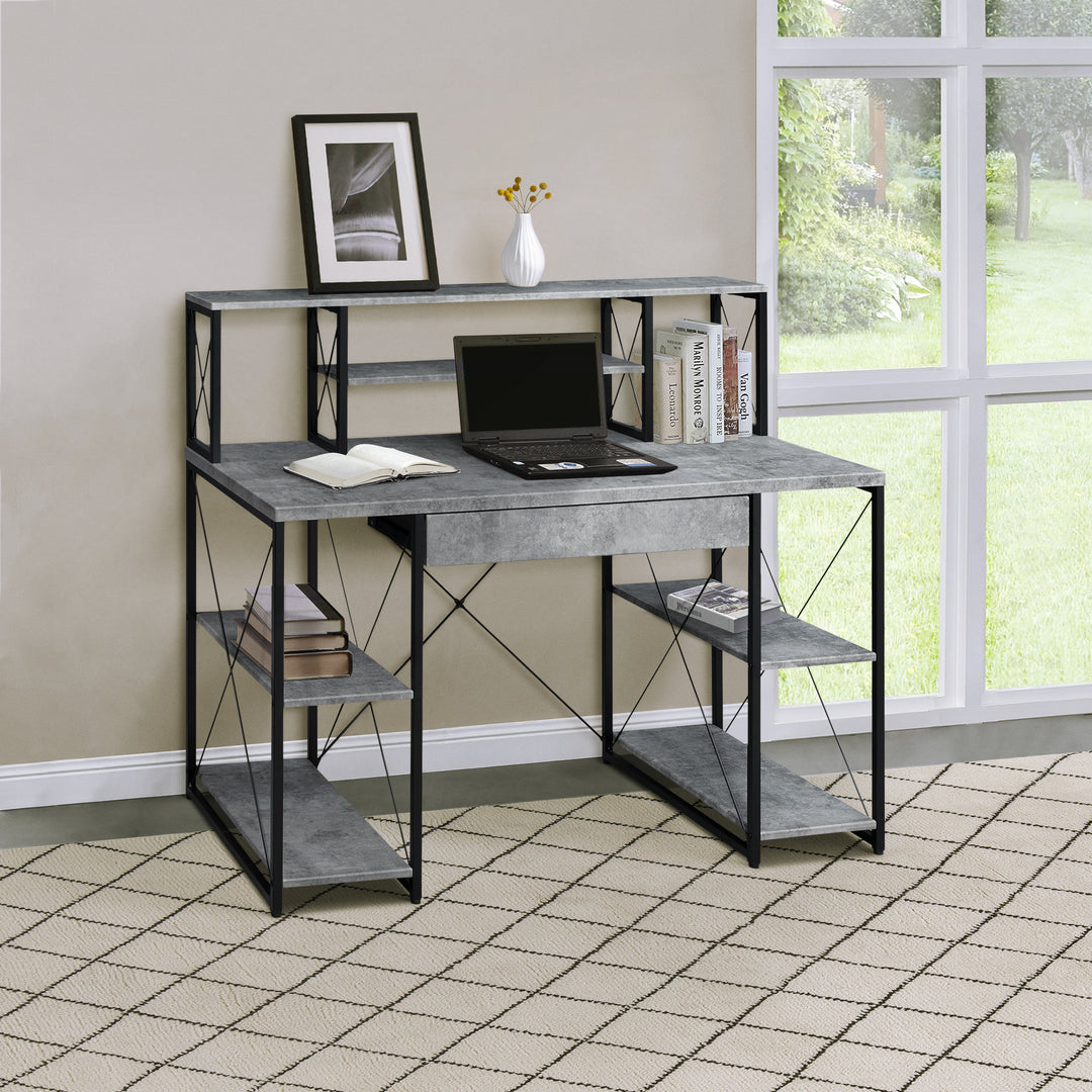 Grey and Black Office Desk with Open Shelves and Drawer
