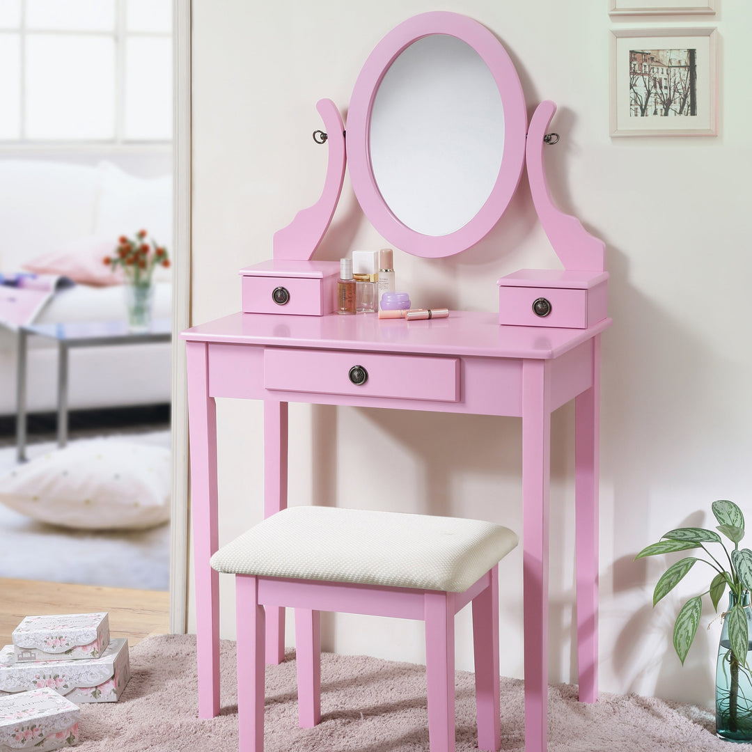 Pink Make Up Vanity Table and Stool Set with Mirror