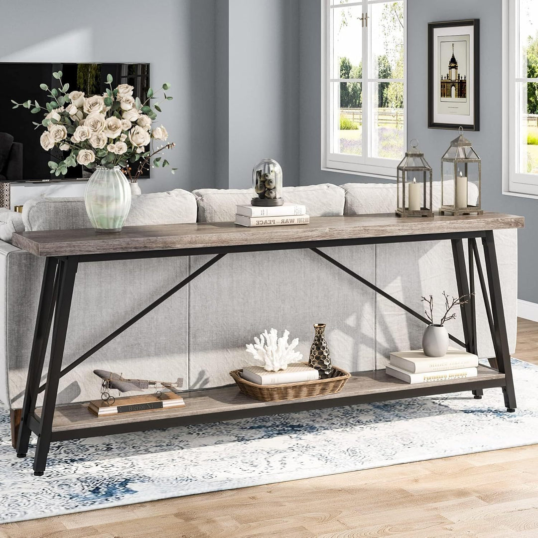 70.9” Light Gray & Black Industrial Sofa Table - Extra Long Entryway Console