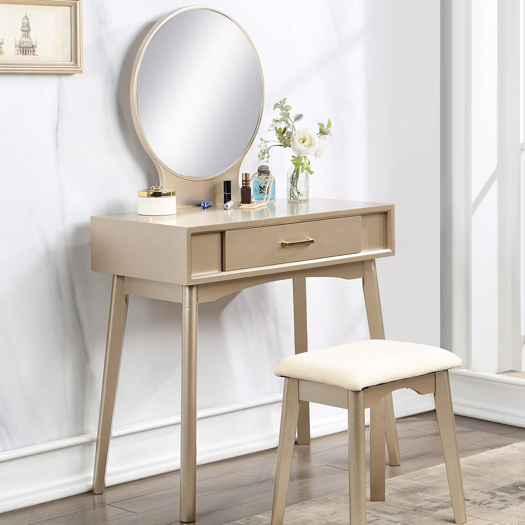 Contemporary Wood Gold Makeup Vanity and Stool Set
