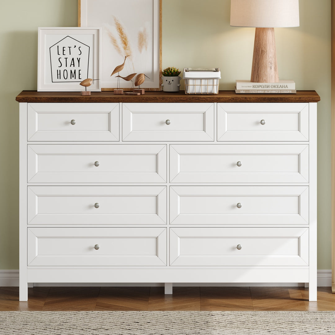 Wood Rustic Storage White Dresser with 9 Drawers & Silver Handle
