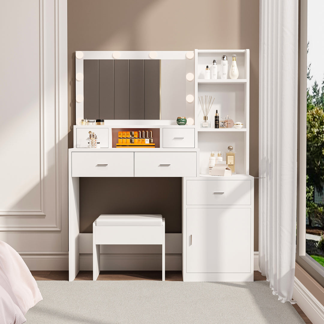White Makeup Vanities With A Mirror Hair Dryer Rack