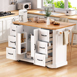 Load image into Gallery viewer, 56&#39;&#39; Rubber Wood Veneer Drop Leaf White Kitchen Island With Power Outlet &amp; 4 Door Shelves
