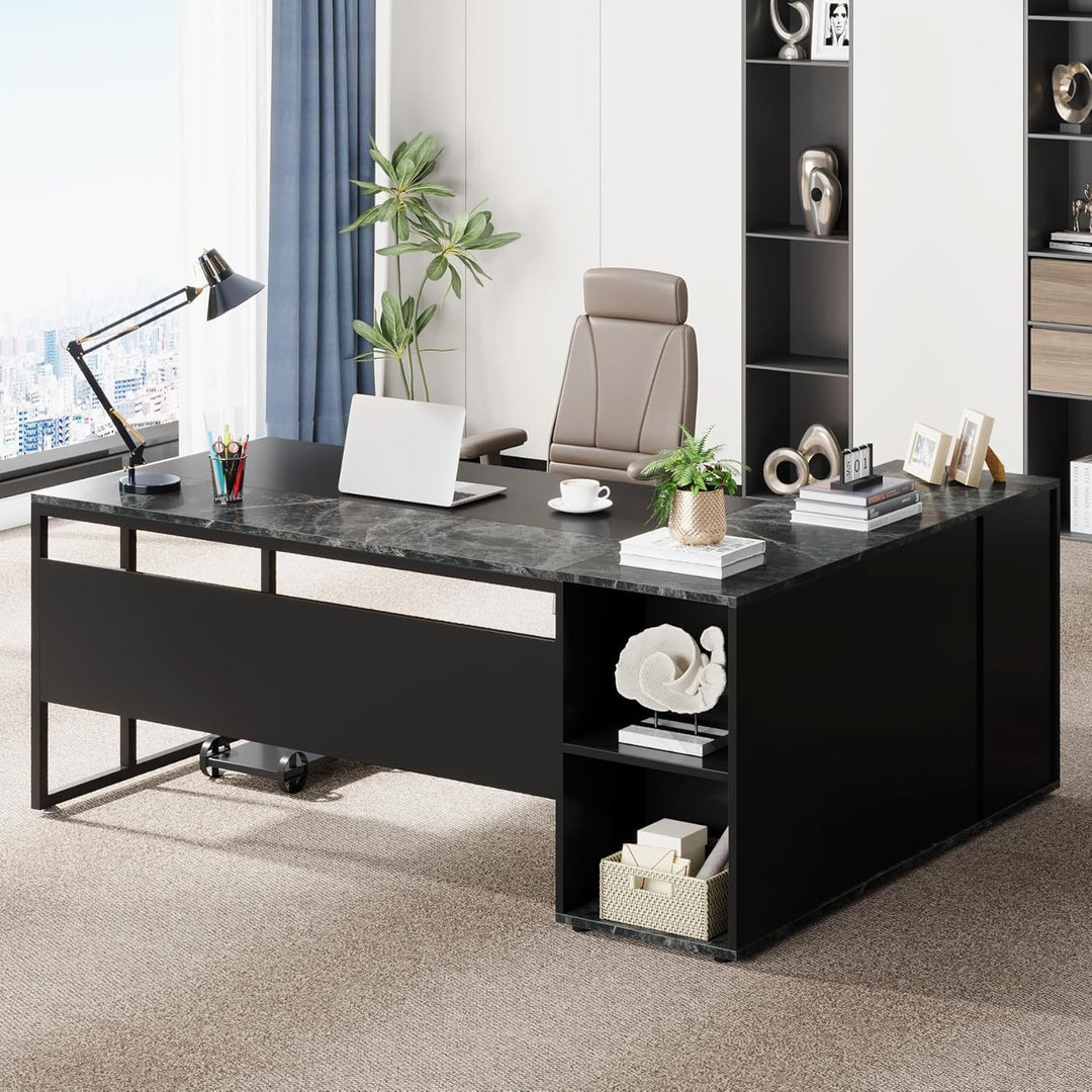 71' L-Shaped Executive Desk with Storage Cabinet & Shelves