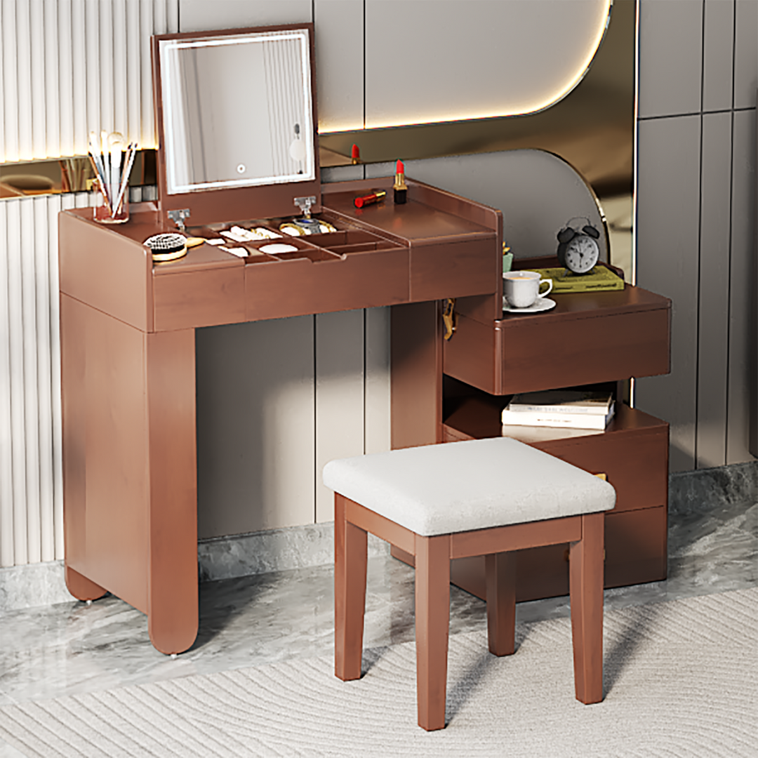 3-in-1 Walnut Makeup Vanity Desk with Flip-Top Mirror