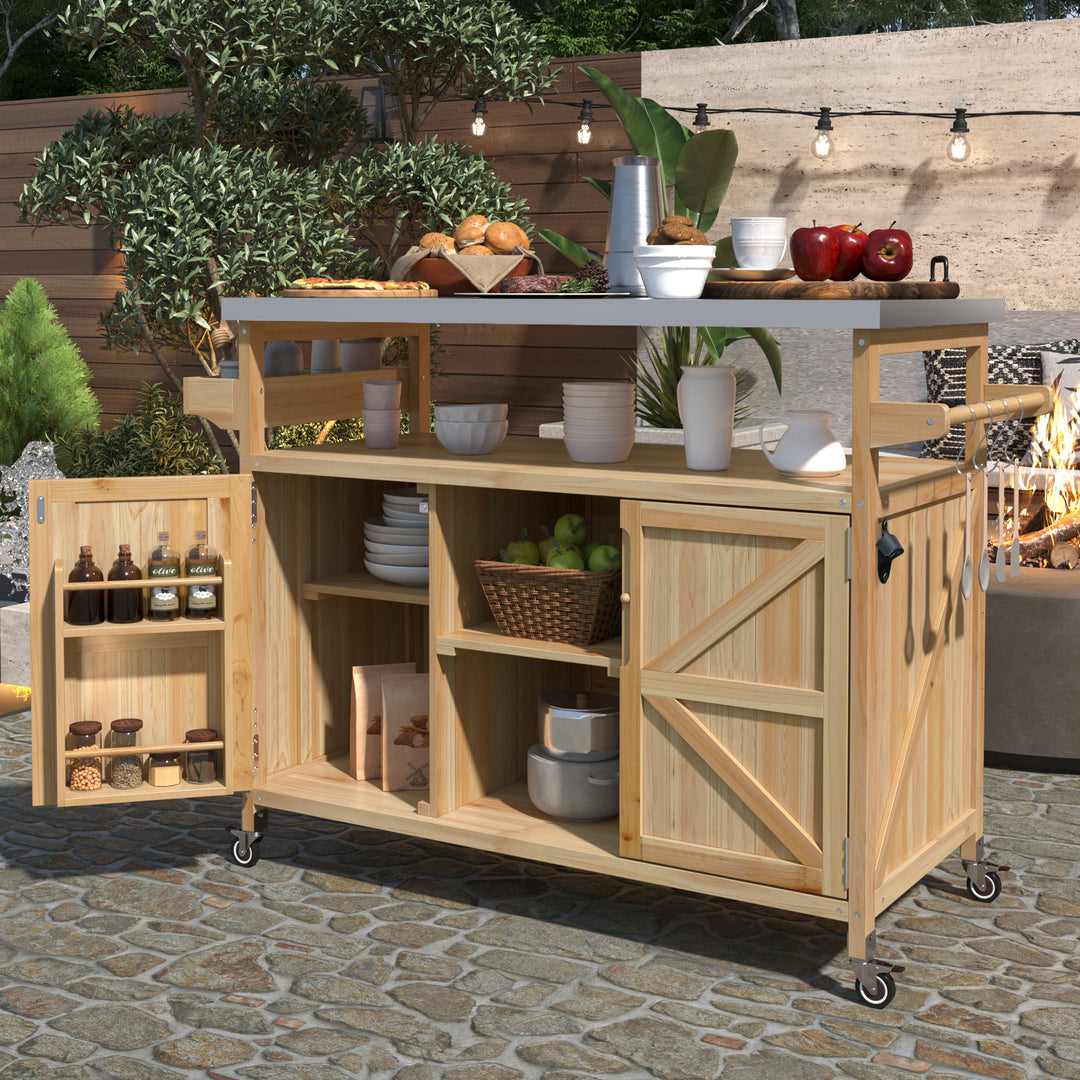 Farmhouse Solid Wood Outdoor Grill Table Outdoor Kitchen Island with Stainless Steel Top