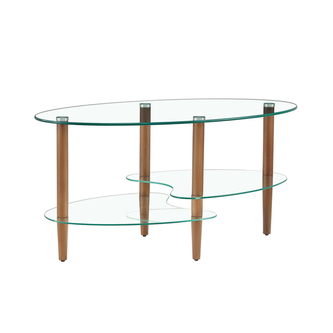 Modern Transparent Oval Glass Coffee Table with Oak Wood Legs