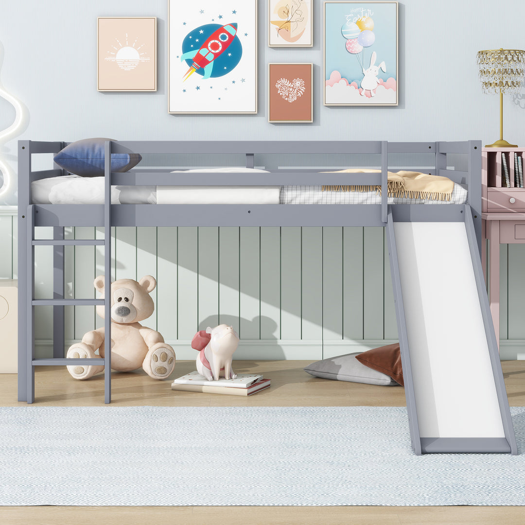 Twin Low Loft Grey Bed with Slide Ladder Safety Guardrails