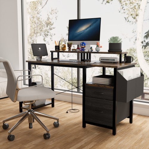 47.3'Office Desk With Power Outlet 2 Monitor Stands