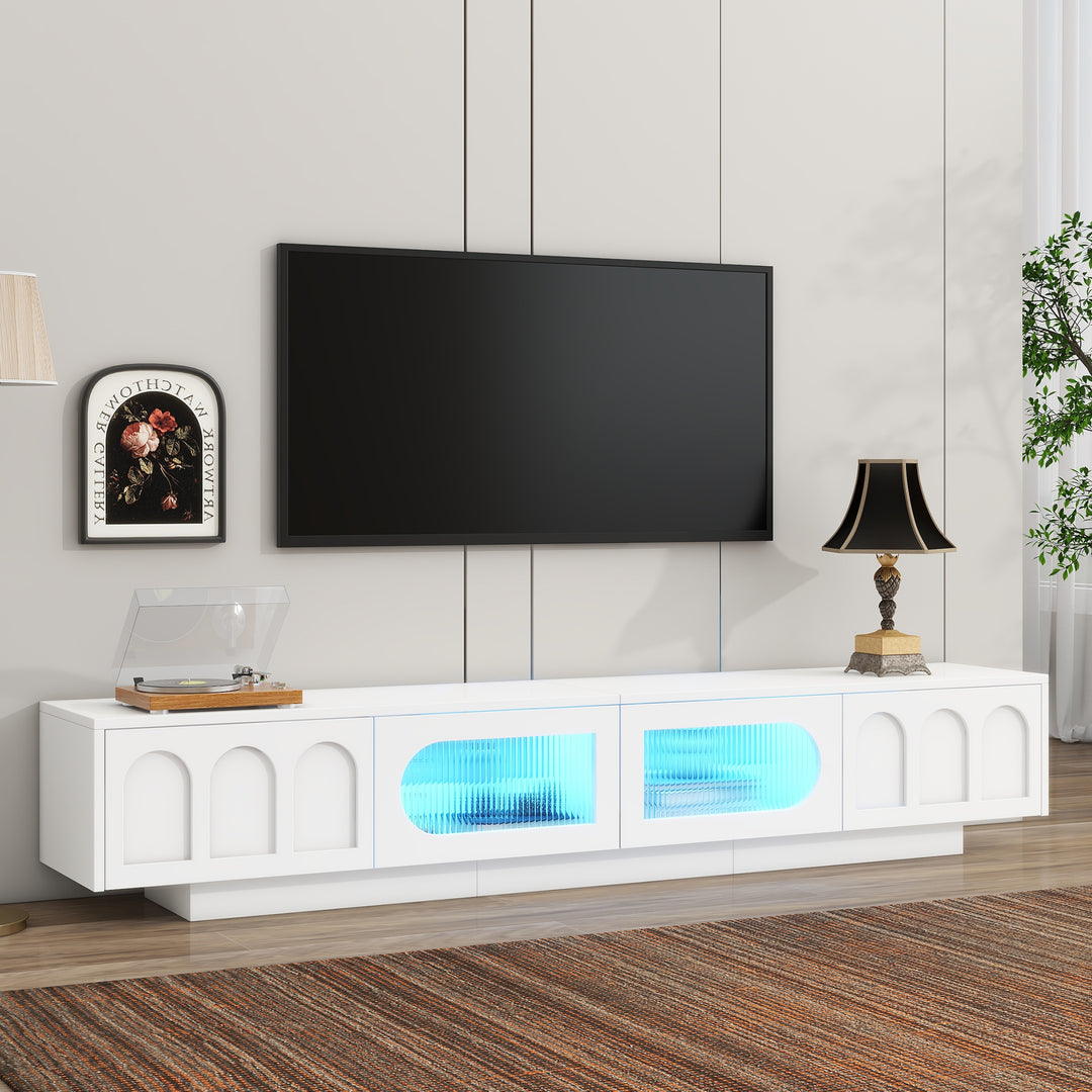 White TV Stand with Fluted tempered Glass Doors for TVs Up to 95''