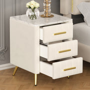 Upholstered Wooden Nightstand with 3 Drawers and Metal Legs & Handles