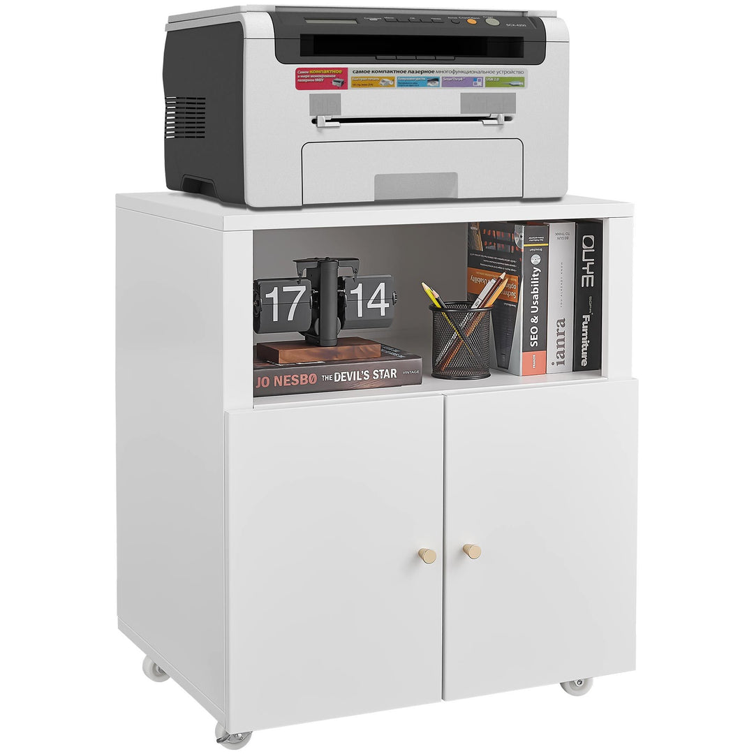Mobile Lateral Printer Tables White Filing Cabinet with Open Storage Shelf